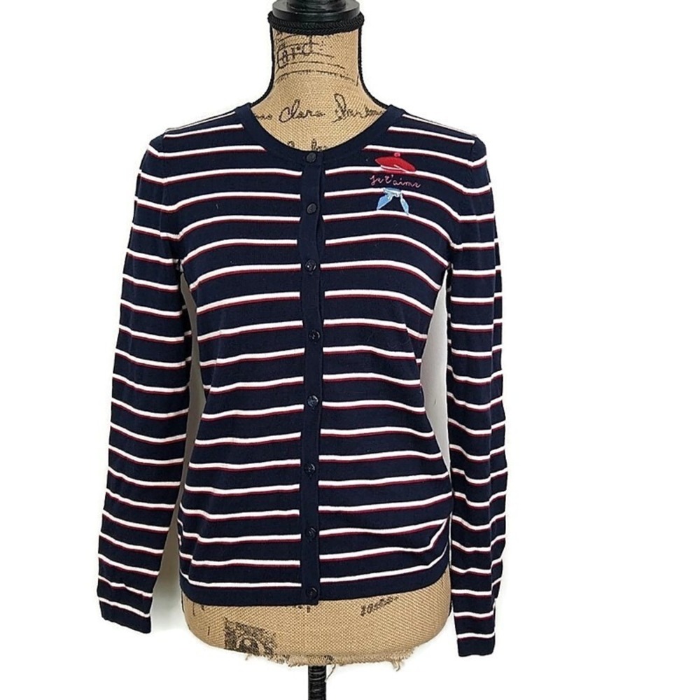 Talbots Cardigan Womens‎ P Navy Blue Striped Je t'aime Beret Embroidered Cotton